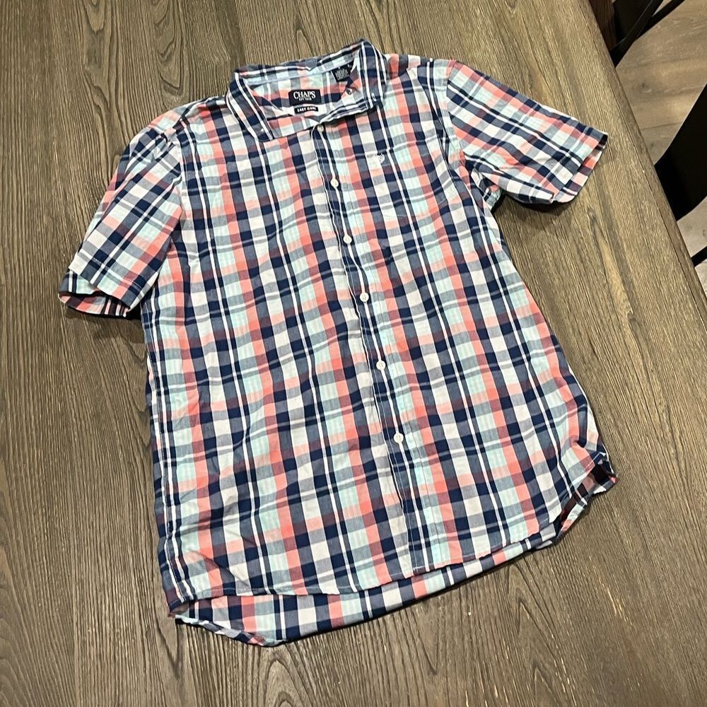 Chaps Easy Care Blue Pink Plaid Short Sleeve Button Up Size M